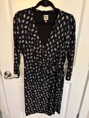 Anne Klein Black Wrap Dress with Blue & Cream Geometric Motif